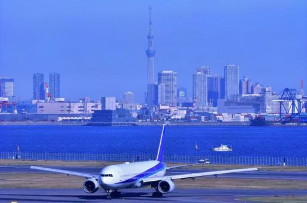 airplane in the sky with the Tokyo skyline