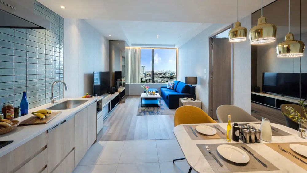 modern apartment kitchen with full amenities in Tokyo