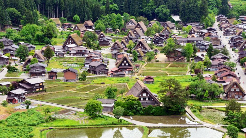 peaceful village landscape with traditional houses