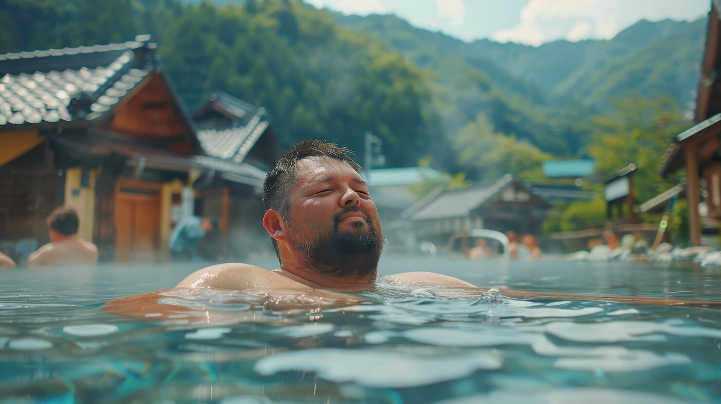 wisatawan berendam onsen