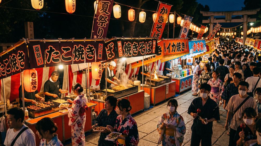 Gerai yatai atau food stall festival musim panas Jepang dengan berbagai kuliner khas matsuri